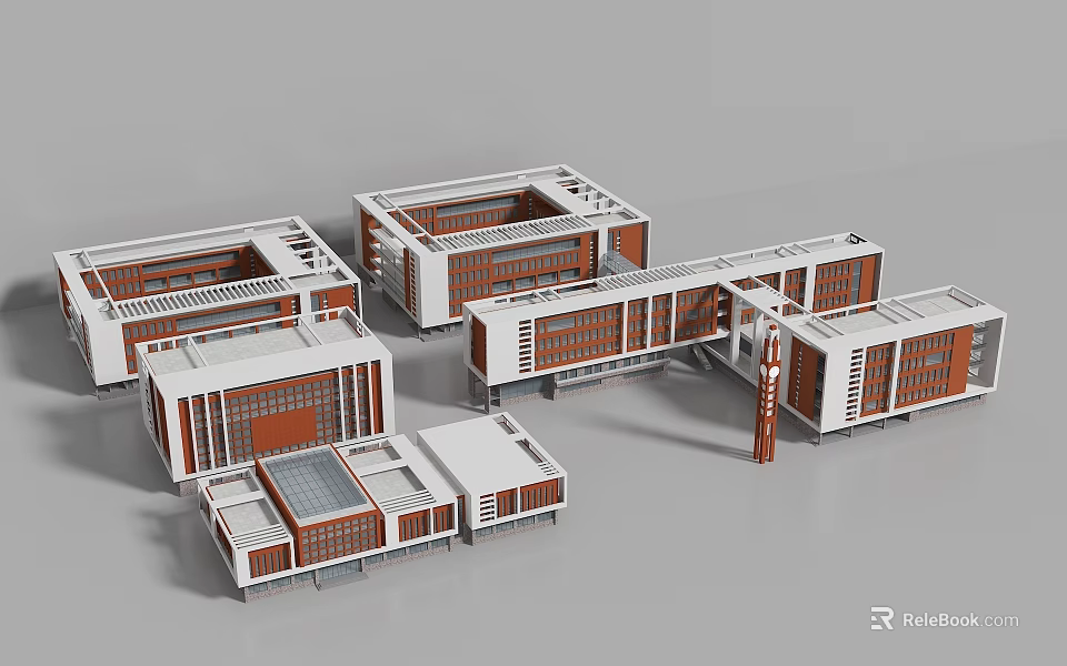 Modern School Buildings Exterior Design With White And Brown Facades And Multiple Structures 3d model 