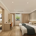 Modern Hotel Room with Twin Beds Window Curtains Table Chair and Wall Artwork