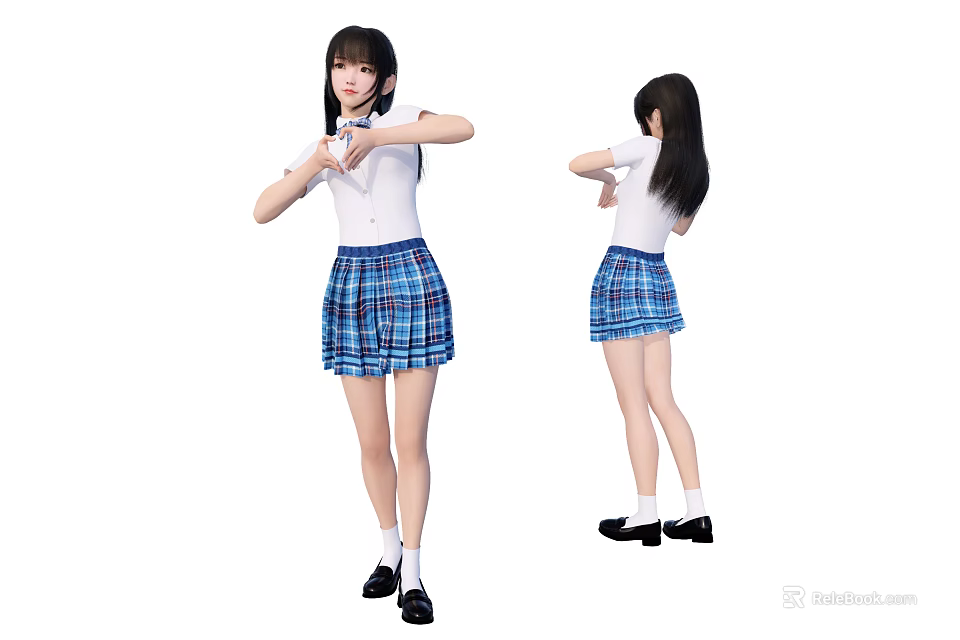 Young Girl In White Top And Blue White Plaid Skirt Posing Front And Back Views 3d model 
