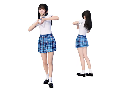 Young Girl In White Top And Blue White Plaid Skirt Posing Front And Back Views 3d model