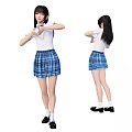 Young Girl In White Top And Blue White Plaid Skirt Posing Front And Back Views