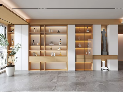 Modern Luxury Open Wooden Wine Cabinet With Glass Doors Displaying Wine Bottles And Decorations 3d model