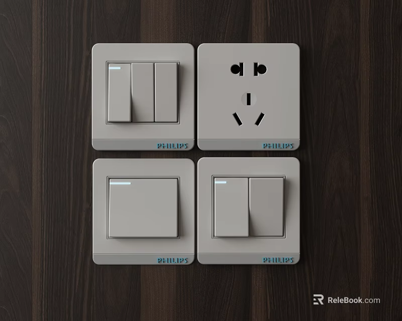 White Switch Panels With Multiple Switches And Sockets On Dark Wooden Wall 3d model 