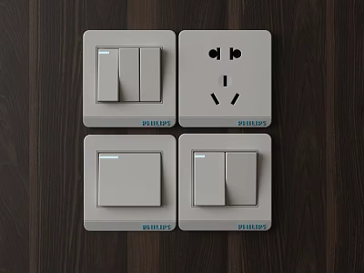 White Switch Panels With Multiple Switches And Sockets On Dark Wooden Wall 3d model