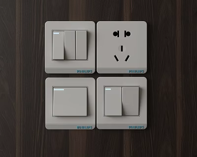 White Switch Panels With Multiple Switches And Sockets On Dark Wooden Wall 3d model