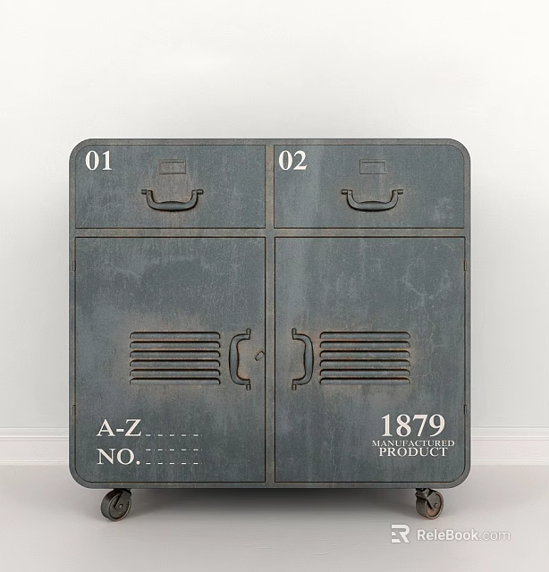 Gray Vintage Bedside Table With Numbered Drawers Vented Doors And 1879 Product Label 3d model 