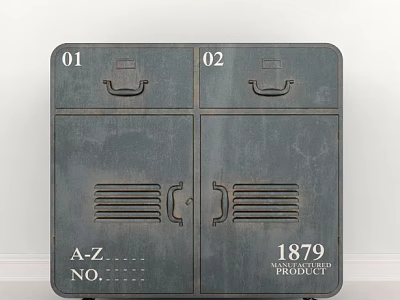 Gray Vintage Bedside Table With Numbered Drawers Vented Doors And 1879 Product Label 3d model