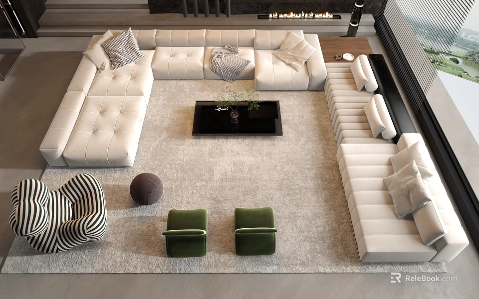 Modern Upholstered Sofa And Coffee Table Set With Pillows Green Stools And Area Rug 3d model 