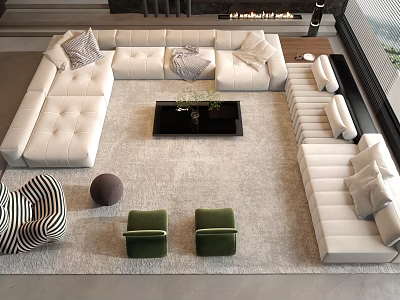 Modern Upholstered Sofa And Coffee Table Set With Pillows Green Stools And Area Rug 3d model