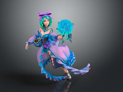 Game And Movie Character With Green Hair Purple Bow Blue Glowing Orb And Dynamic Pose 3d model