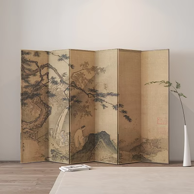 Traditional Chinese Folding Screen With Hand Painted Landscape And Figures On Beige Panel 3d model