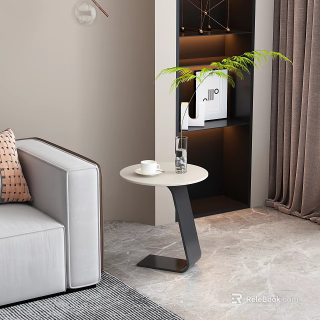 Modern Minimalist Side Table With Cup Vase And Plant Near Sofa And Shelf 3d model 