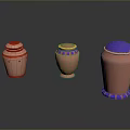 Three Decorative Sculpted Pink Vases With Red Blue Purple Top And Base Design Details