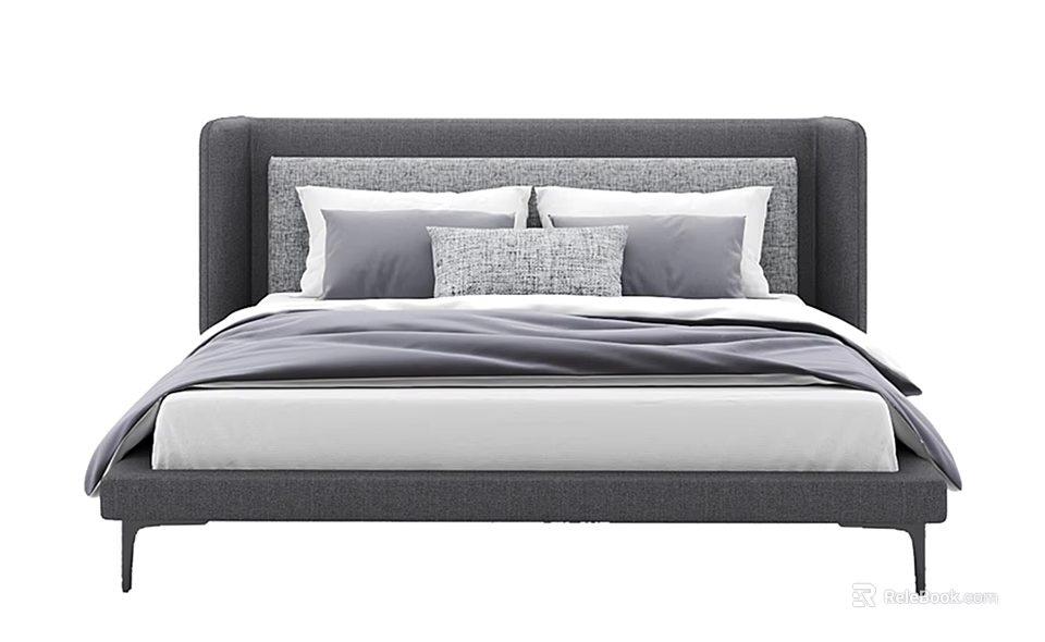 Modern Double Bed with Gray Headboard and Soft Bedding Pillows 3d model