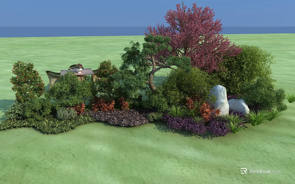Garden Flowers and Plants with Green Grass Red Leaf Tree Shrubs Purple Blooms White Stone 3d model 