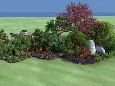 Garden Flowers and Plants with Green Grass Red Leaf Tree Shrubs Purple Blooms White Stone 3d model