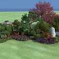 Garden Flowers and Plants with Green Grass Red Leaf Tree Shrubs Purple Blooms White Stone