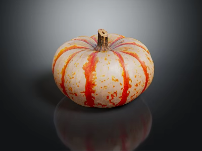Fresh Small Round Pumpkin With Orange Red Stripes And Yellow Spots On Black Reflective Background 3d model
