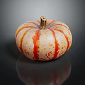 Fresh Small Round Pumpkin With Orange Red Stripes And Yellow Spots On Black Reflective Background