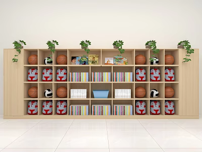 Wooden Bookshelf with Potted Plants Basketballs Footballs Books and Storage Shelves 3d model