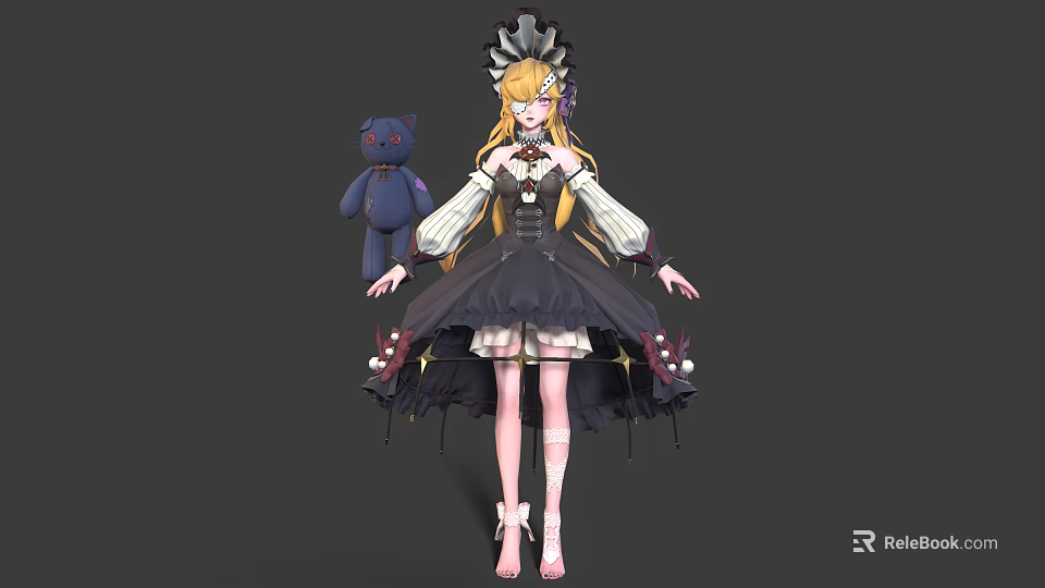 Anime Girl In Frilled Maid Dress With Blue Plush Cat And Red Bow Decoration 3d model