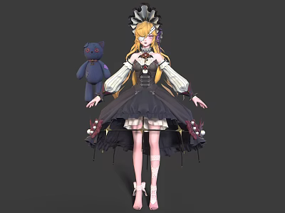 Anime Girl In Frilled Maid Dress With Blue Plush Cat And Red Bow Decoration 3d model