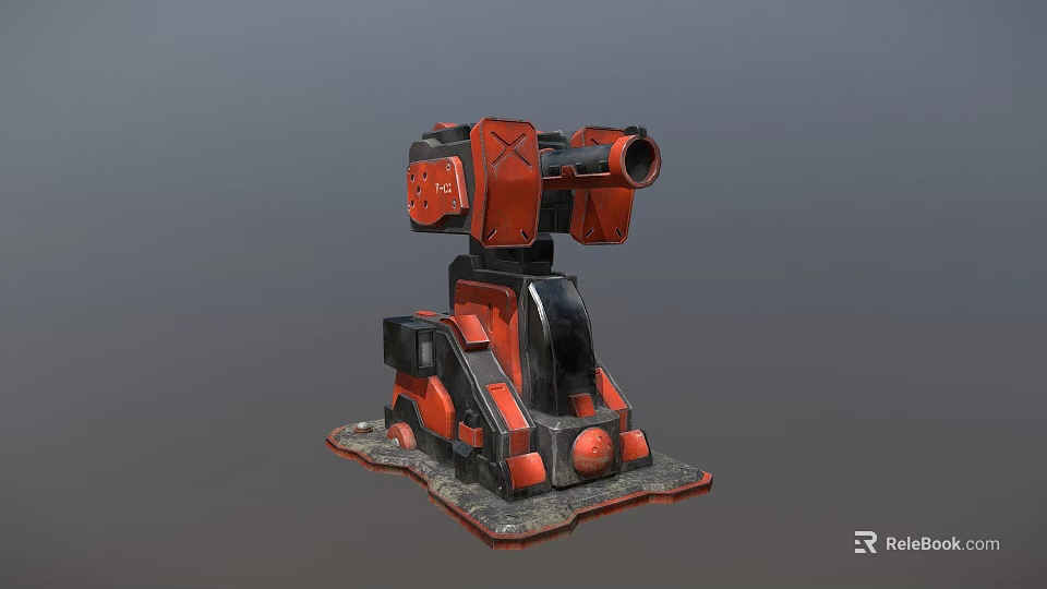 Red Mechanical Turret Weapon With Barrel And Stable Base Structure Design 3d model