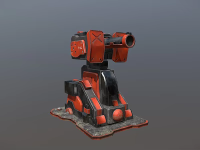 Red Mechanical Turret Weapon With Barrel And Stable Base Structure Design 3d model