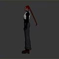 Woman with Red Braids Wearing Silver Top Black Long Sleeves Dark Pants Brown Shoes