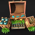 Open Wooden Chest With Bottles Plants Jars And Books Inside