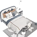Cozy Kids Bed with Blue Gray Headboard Soft Pillows Stuffed Teddy Bear and White Nightstand