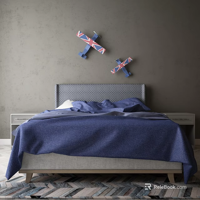 Double Bed With Gray Headboard Blue Bedspread Decorative Airplane Models On Gray Wall 3d model 