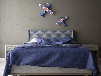 Double Bed With Gray Headboard Blue Bedspread Decorative Airplane Models On Gray Wall 3d model