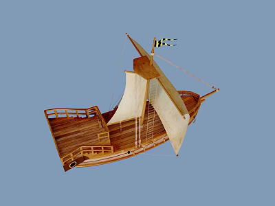 Traditional Wooden Sailboat With White Sails Wooden Deck And Small Flag Design 3d model