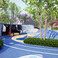 Colorful Kids Playground Design With Blue Yellow Flooring Circular Play Zones And Trees
