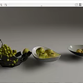 Stylish Black And White Ceramic Vessels Holding Apples Grapes And Pears