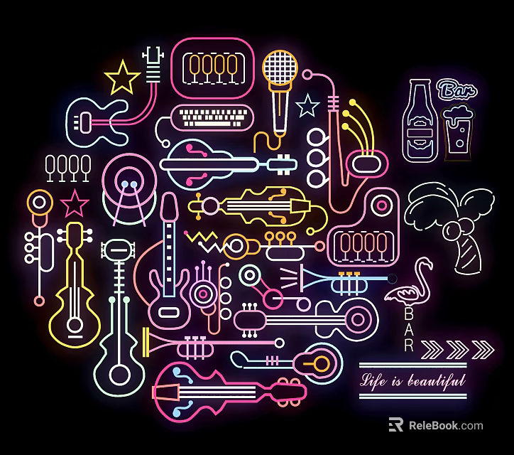Neon Decorative Lights With Musical Instruments And Party Elements Design 3d model 