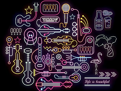 Neon Decorative Lights With Musical Instruments And Party Elements Design 3d model