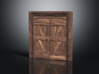 Rustic Wooden Entry Gate With Double Door Design And Cross Planks Metal Rivets 3d model