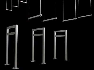 Industrial Metal Frame Equipment With Silver Standing And Hanging Structures On Black Background 3d model