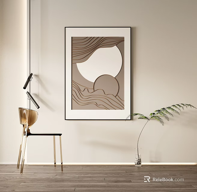 Abstract Art Decor Wall Painting With Wavy Lines Circular Shapes Gold Chair Green Plant 3d model 