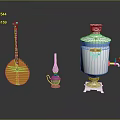 Orange String Instrument Green Oil Lamp And Silver Samovar On Reflective Black Surface