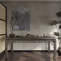 Traditional Chinese Tea Set On Wooden Table With Screen Potted Plant And Wall Art