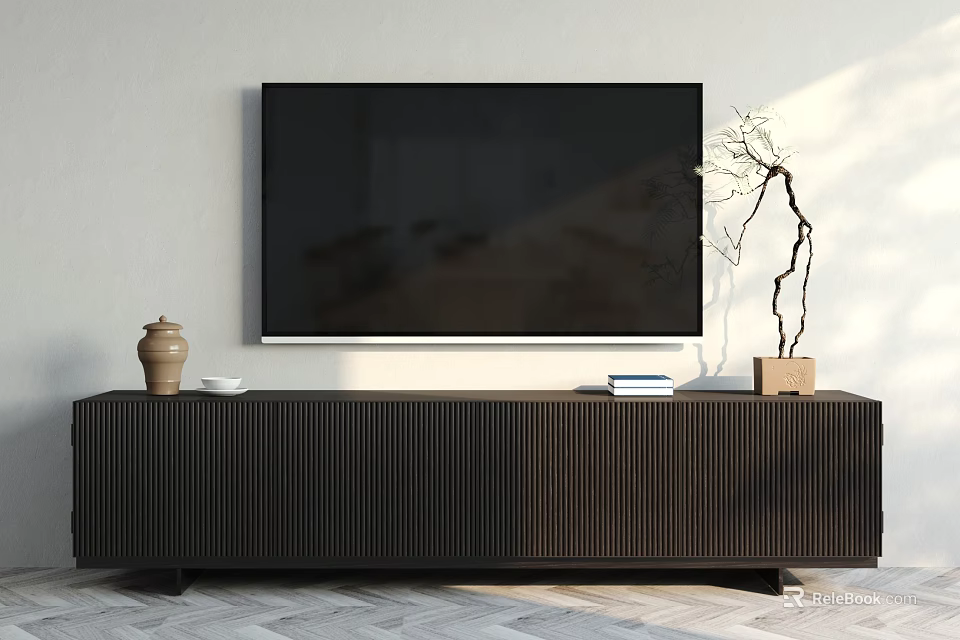 Modern Dark TV Stand With Flat Screen TV Clay Pot Books And Decorative Branch 3d model 