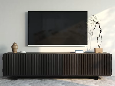 Modern Dark TV Stand With Flat Screen TV Clay Pot Books And Decorative Branch 3d model