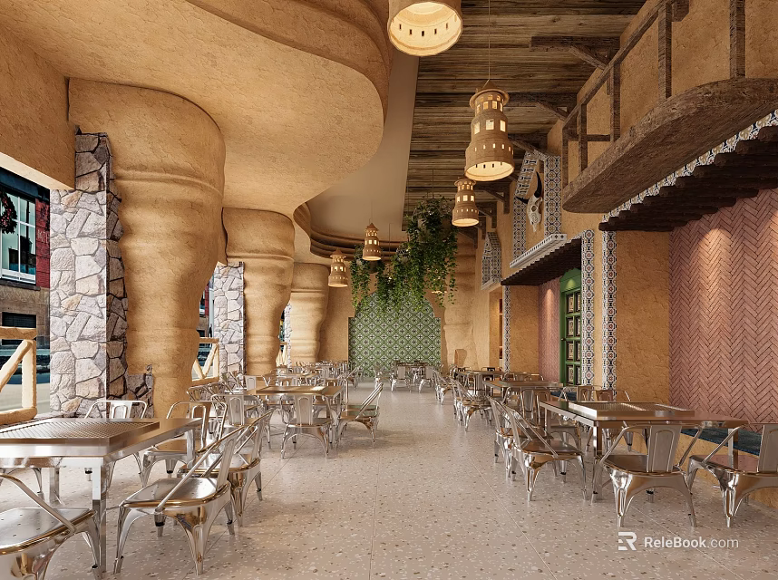 Earthy Rustic Restaurant Interior With Cylindrical Columns Hanging Lamps Green Plants And Metal Tables 3d model 