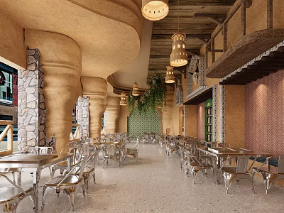 Earthy Rustic Restaurant Interior With Cylindrical Columns Hanging Lamps Green Plants And Metal Tables 3d model