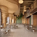 Earthy Rustic Restaurant Interior With Cylindrical Columns Hanging Lamps Green Plants And Metal Tables