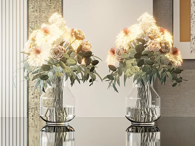 Transparent Glass Vases With White And Pink Flowers And Green Leaves On Table 3d model