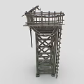 Rustic Wooden Tower With Crossbeam Structure Ladder Platform And Green Banner 3d model